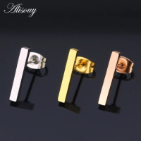 Alisouy 2PC 20g Minimalist Brief Gold Color Rose Gold Color Square Bar Stud Earrings For Women Femme Bijoux 5/10/15mm length bar