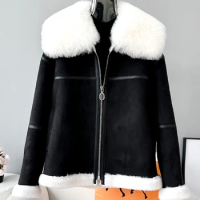 Broken Size Autumn/Winter Grain Sheep Fleece Fur Coat with Lamb Fur and Fur Neck Coat for Women's Short Style,