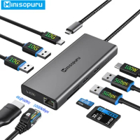 Minisopuru USB C HUB 4K HDMI 10Gbps USB C to RJ45 USB 3.2 PD 100W SD/TF Adapter for MacBook Pro Air Surface XPS iPad Pro USB HUB
