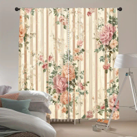 2pcs Elegant Floral Print Curtains - Pastel Roses & Greenery Design, Light-Filtering Polyester Panel
