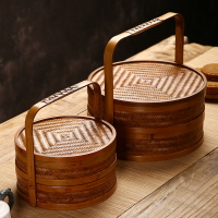 純手工竹編復古食盒糕點盒送餐籃多層提手籃仿古月餅籃茶具收納盒