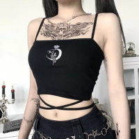 Gothic Women's Print Suspender Sleeveless Square Neck Slim Crop Top Sexy Halter Bottoming Shirt 2022 Girls Party Wear