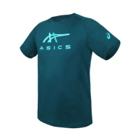 ASICS 男短袖T恤-運動 慢跑 上衣 深綠淺綠