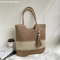 MOODS Straw Shoulder Tote Bags For Women 2024 Summer Hot Beach Travelling Shopping Totes Hobo Woven Design Tassel Decor Handbags