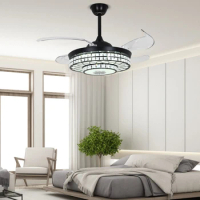 42" Inch Ceiling Fan Pendant Light Retractable Blades Three Color Variable Frequency Band Bluetooth w/ Remote Control Home Decor