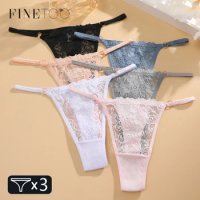 FINETOO 3PCS Cotton Low Rise Lace Thongs Underwear for Women Sexy Perspective Floral G-String Female Comfortable Solid Lingerie
