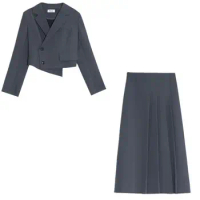 Women's Autumn Winter Plus Size Vintage Casual Short Irregular Blazer Skirt Set Commuter Solid Color Blazer Pleated Skirt Set