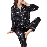 Women Pajama Set Floral Print Silky Pajama Set for Women Long Sleeve Homewear Shirt Wide Leg Pants Sleepwear Set for Spring