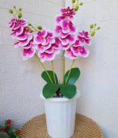 Anggrek latex artificial 4 tangkai pot gentong plastik Ungu Bercak
