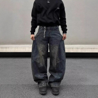 American-style casual retro washed deconstructed curved-cut jeans for men and women, loose straight