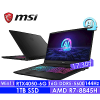 MSI微星 Katana A17 AI B8VE-838TW 17.3吋電競筆電(R7-8845HS/16G/1T SSD/RTX4050-6G/Win11)