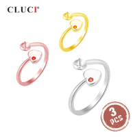 CLUCI 3pcs 925 Sterling Silver Rose Gold Heart Ring for Women Silver 925 Pearl Ring Mounting Adjustable Zircon Ring SR2162SB