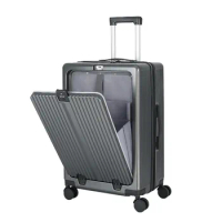 Travel Suitcase Trolley Case Front Opening Aluminum Frame Business Boarding Rolling Luggage with Cup Holder Password Suitcase