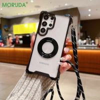 Shockproof Bumper Clear Magnetic Case for Samsung Galaxy S24 Ultra S23 S22 Ultra Plus A53 A33 A54 A15 A34 Magsafe Necklace Cover