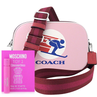COACH 櫻花粉色JAMIE荔枝紋皮革撞色斜背相機包+MOSCHINO 品牌經典隨身小香水