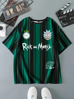 เสื้อยืดแขนสั้นลำลองผู้ชาย Rick and Morty X SHEIN พร้อมกราฟิกตัวอักษรและการออกแบบที่มีสีสัน คอกลม เห
