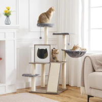 Indoor cat tree, wooden cat tree tower, cat scratching column, multi story treehouse with hammocks and 2 top dwelling, gray