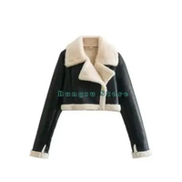MND jaket jacket jeket semi kulit crop lapis dalam bulu ramones wanita M Hitam