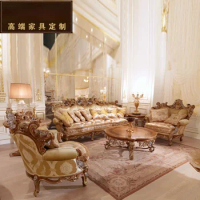 European luxury fabric sofa villa new classical solid wood carved living room sofa