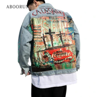 ABOORUN Men's Hip Hop Denim Jackets Fashion Graffiti Printed Denim Jackets Streetwear Oversize Coat for Male R1200