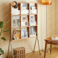 Solid Wood Display Stand Iron Mobile Books and Newspapers Middle-Ancient Storage Rack
