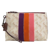 【COACH】馬車圖案LOGO條紋手提大手拿包萬用包(白)