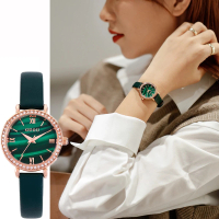【GUOU 古歐】6043 輕奢復古時尚孔雀綠氣質大方皮帶女腕錶-四色