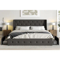 King Size Platform Bed Frame with 4 Storage Drawers and Wingback Headboard, Diamond Stitched Button Design, No Box Spring Needed
