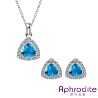 【Aphrodite 愛芙晶鑽】經典滿鑽小三角藍寶石造型項鍊耳環套組(白金色)