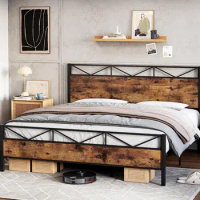 King Size Slat Platform Bed Frame w/ Wooden Headboard Metal Bed Frame for indoor bedroom furniture