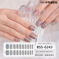 20 Tips Scallion Powder Glitter Sequins Semi-cured Gel Nail Strips Patch Waterproof Full Cover Gel Nail Stcikers UV Lamp Need