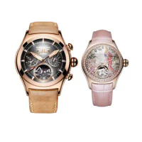 Reef Tiger Aurora Air Bubble II Rose Gold Automatic Mens Watch And Parrot Pink Dial Women Set