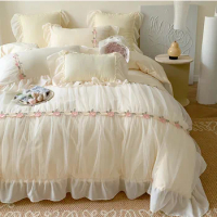 Soft and Breathable Premium Cotton 4Pcs White Pink Bedding Set Double Ruffle Exquisite Craft Duvet Cover Sheet &amp; Pillow Shams