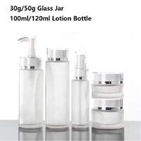 10pcs Classical Elegant Frosted Glass Long Pump Bottle Cosmetic Glass Cream Jar Lotion Pump Bottle White Lid 30g 50g 100ml 120ml