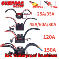 SURPASS HOBBY ESC Waterproof Brushless Speed Controller 25A 45A 60A 80A 120A 150A XT60 T Plug for 1/8 1/10 1/12 RC Racing Car