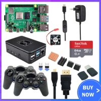 Raspberry Pi 4 Model B Game Kit 8GB + 2.4Ghz Wireless Gamepads + 64G 32G SD Card + Case + Switch Power Supply + Fan for RPI 4