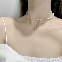 韓國珍珠項鏈女鎖骨鏈輕奢小眾設計感高級雙層吊墜單顆年新款