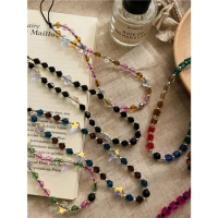 Korea Y2K Cute Square Crystal Colorful Beaded Phone Chains Anti-lost Strap Phone Lanyard Strap Chain Hanging Cord Bracelet Girls