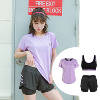 Biki比基尼妮，M-2L賈斯紫短袖泳裝三件式運動泳衣(短袖+奶+短褲)