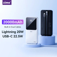 Zime 20000mAh Power Bank Built-in Cables Portable Powerbank External Battery Charger for iPhone iPad Xiaomi Samsung Huawei
