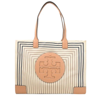 【TORY BURCH】圓標雙T LOGO方形條紋皮邊飾大容量托特包包(淺褐邊)