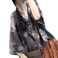 【ACheter】日系和服風印花V領大碼棉麻上衣#107072現貨+預購j(三款10色)