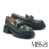 【MISS 21】霸氣金屬撞色鍊條全真皮大方頭樂福厚底鞋(綠)