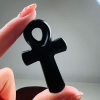 Natural Black Obsidian Crystal Stone Egyptian Cross Symbolic Healing Reiki for Gifts Home Decor