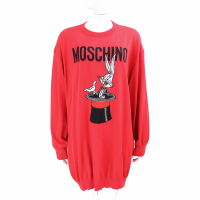 MOSCHINO Looney Tunes 樂一通聯名 魔術帽兔巴哥印花紅色長版羊毛衣 洋裝