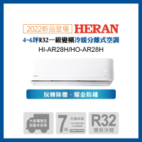 【HERAN 禾聯】3-5坪R32反轉除塵一級變頻冷暖空調(HI/HO-AR28H)