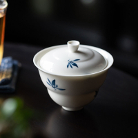 手繪蝴蝶蘭花蓋碗茶杯單個家用陶瓷泡茶器功夫茶具防燙帶蓋大茶碗