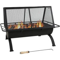 Sunnydaze 36-Inch Northland Outdoor Rectangular Fire Pit with Cooking Grill, Poker, and Spark Screen - Black Finish