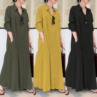 Muslim Women Long Sleeve Lapel Collar Split Hem Solid Color Maxi Women Dress