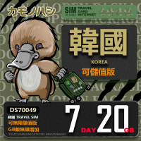【鴨嘴獸 旅遊網卡】Travel Sim 韓國 網卡 7天 20GB 高流量網卡 旅遊卡(漫遊卡 韓國網卡 韓國上網)